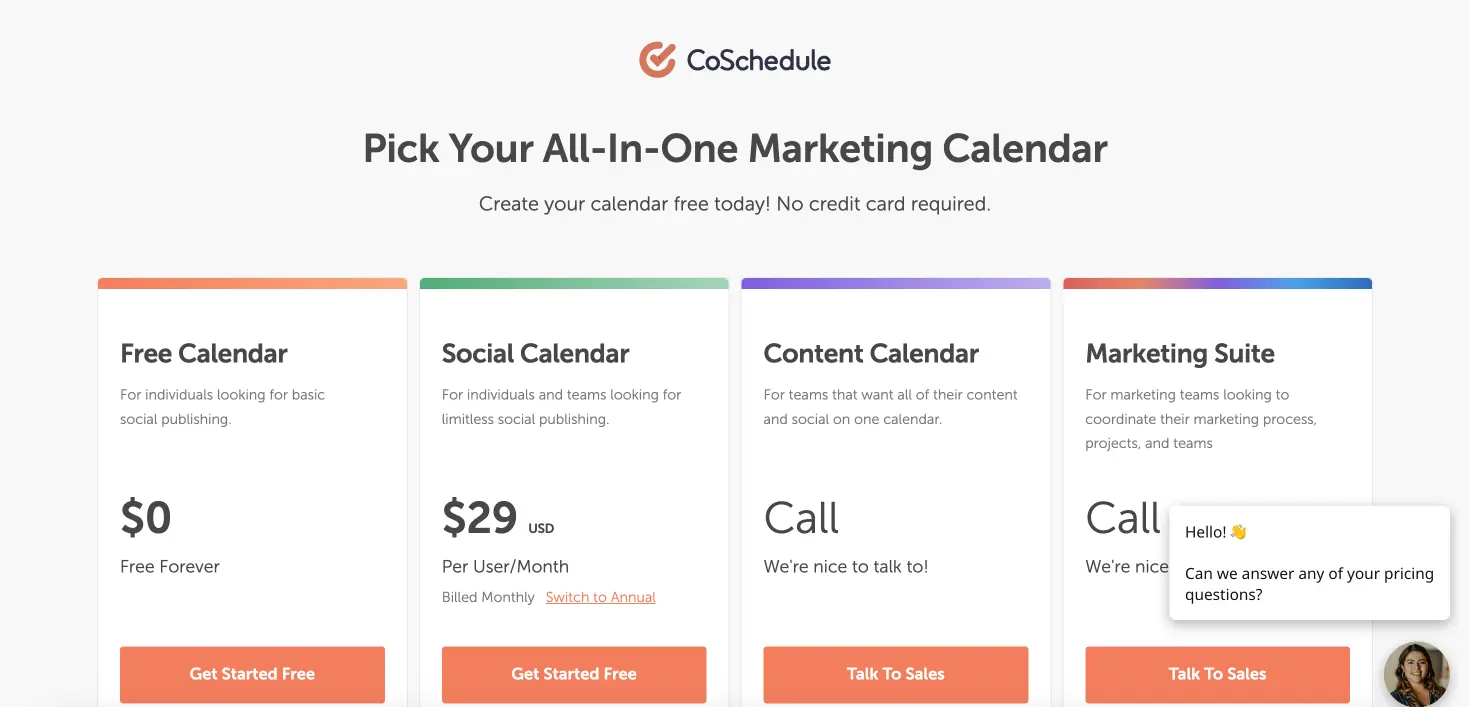 pricing page of coschedule website