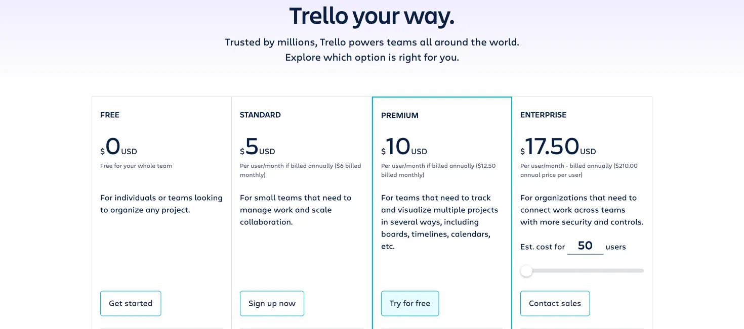 pricing page of trello website