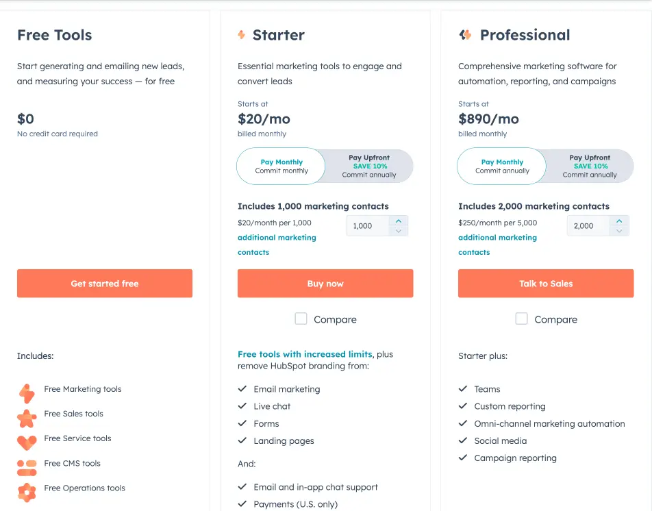 pricing page of hubspot marketing software website