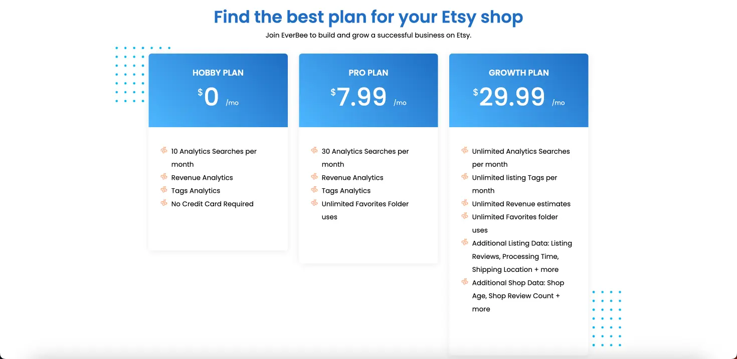 EverBee Etsy SEO Tool Pricing Page