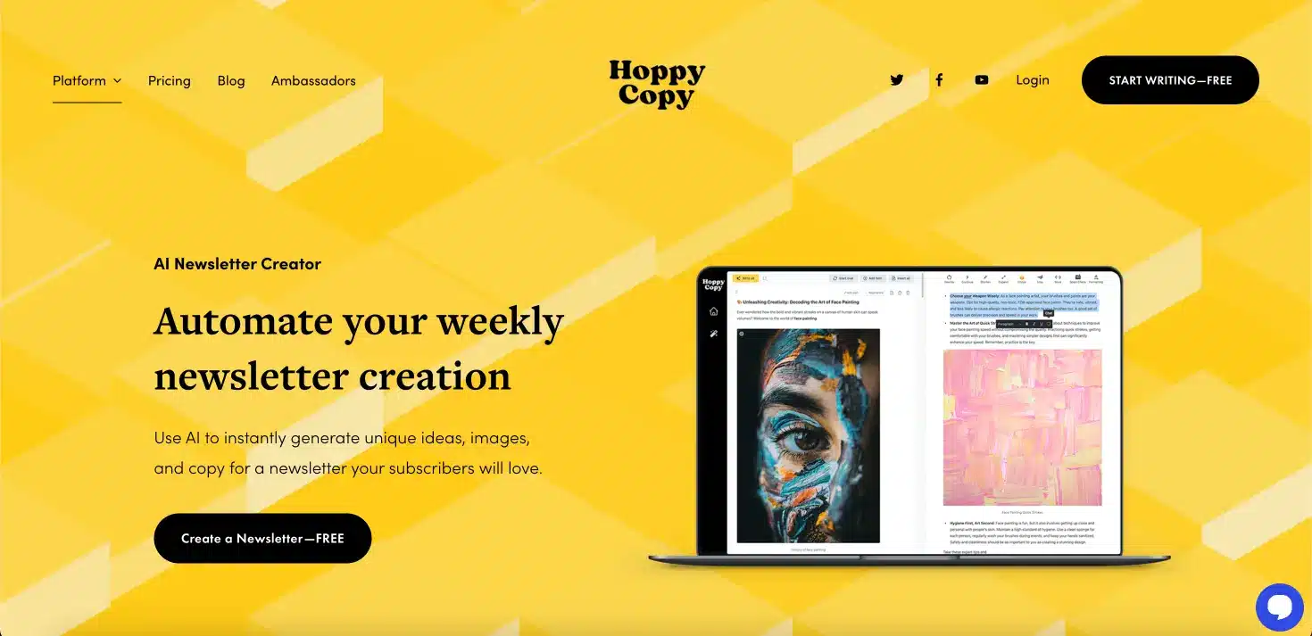 hoppy copy ai newsletter creator feature page