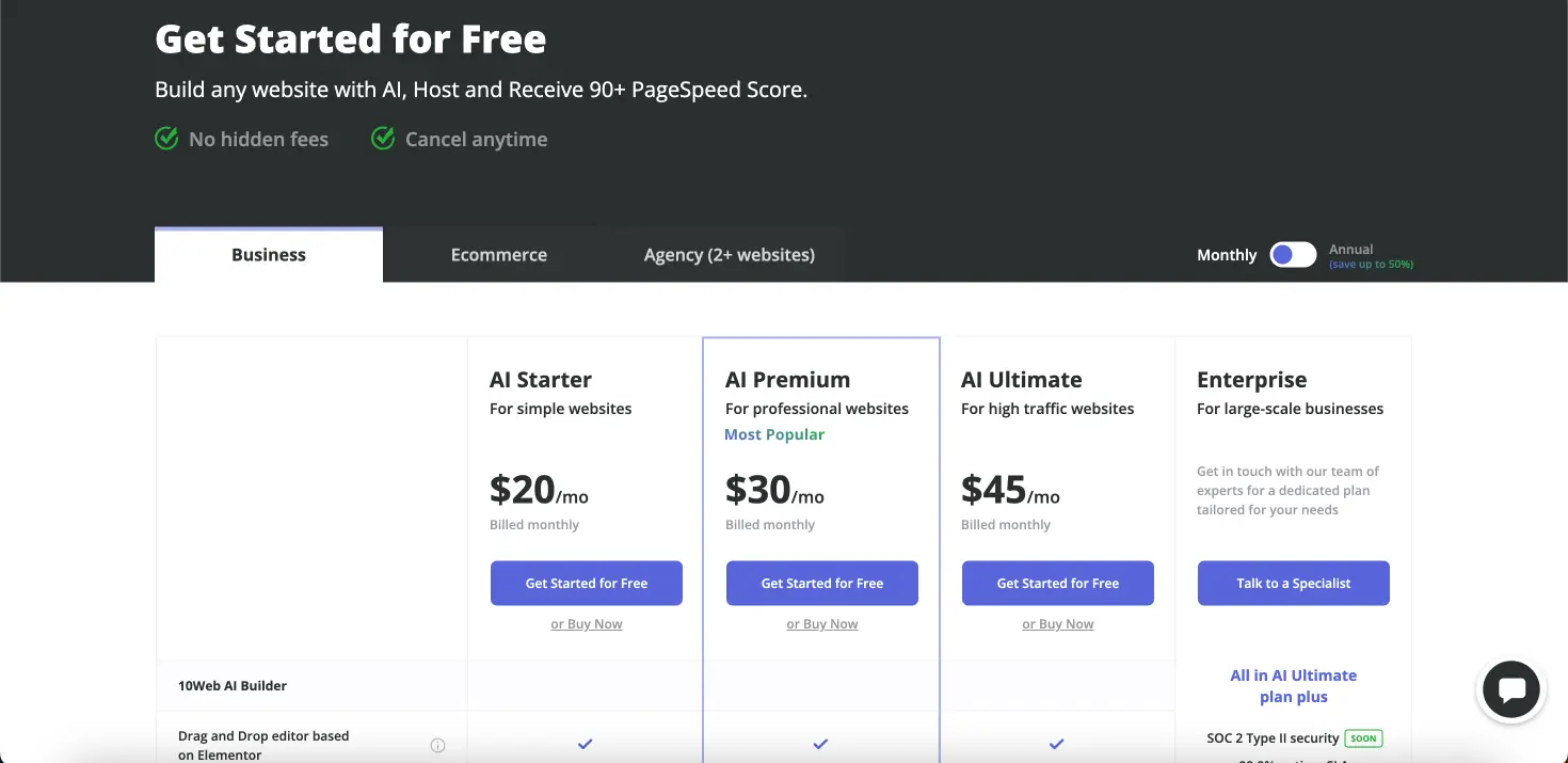 10web IO pricing page for business plan