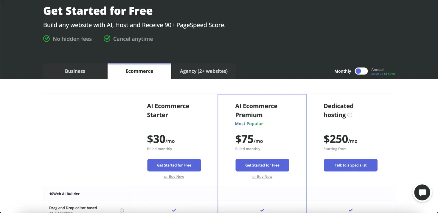 10web IO pricing page for E-commerce plan