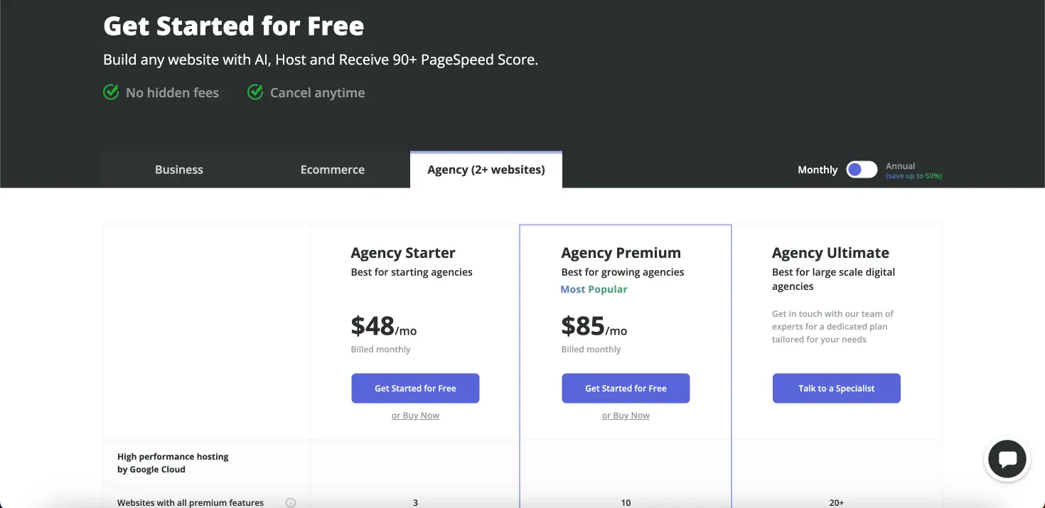 10web IO pricing page for agency plan