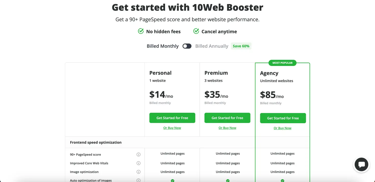 10web IO pricing page for 10web booster