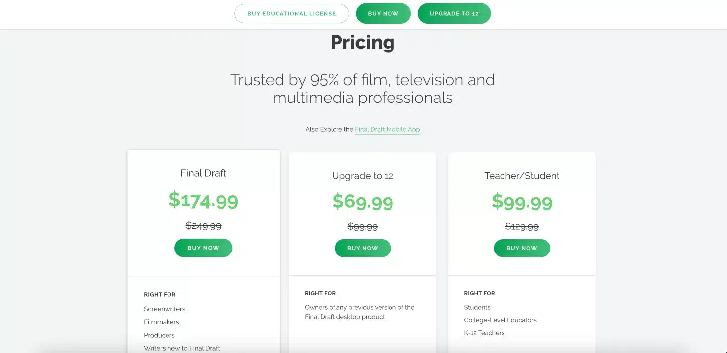 final draft pricing page