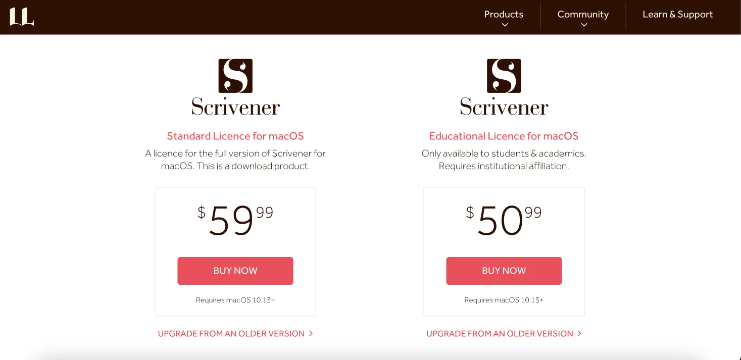 scrivener pricing page